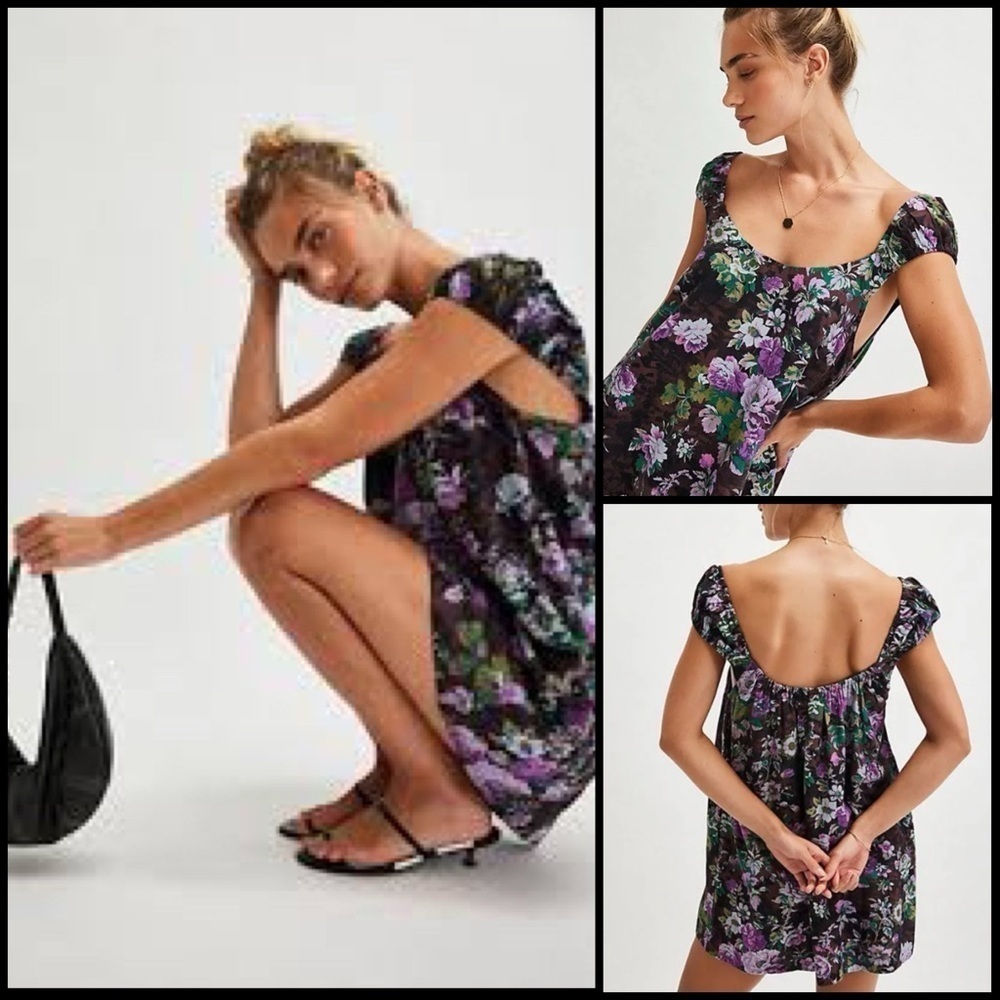 Free People Wildflower Print Linen Blend Babydoll Mini Boho Dress Black Combo S